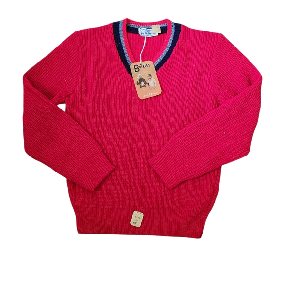 Vibrant Red V-Neck Knit Sweater with Striped Ribbing